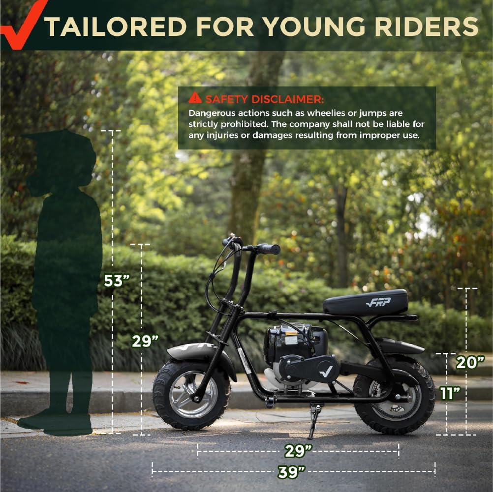 FRP MB40 40CC 4-Stroke Mini Bike with Training Wheels Kit, No Oil Mixing, Easy Assembly, 18 MPH Max Speed, 165 LBS Capacity, Compatible with 5.9"-10" Ground Clearance，Black