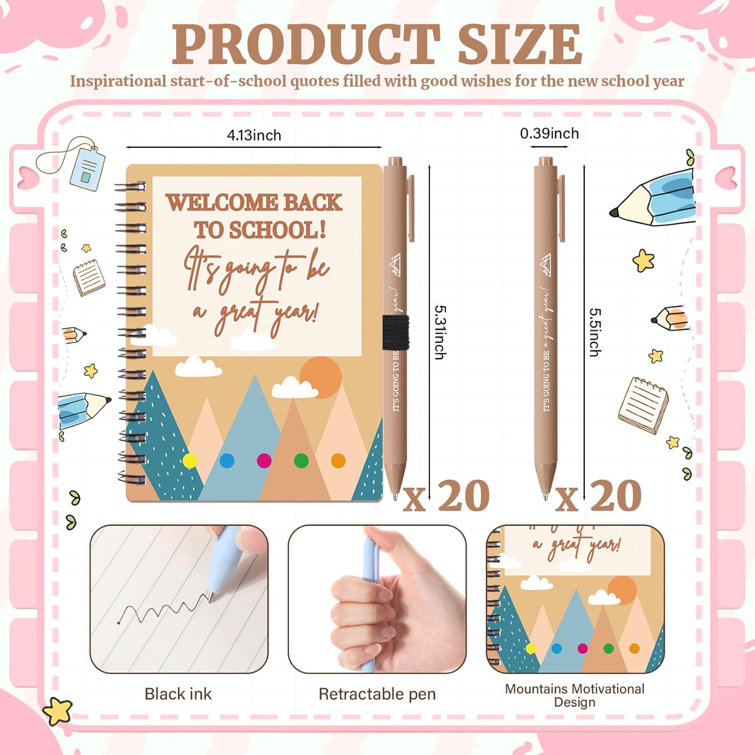 Dunzoom 40 Pcs Welcome Back to School Gifts Bulk Spiral Notebooks with Sticky Notes Motivational Pens First Day of School Notepads Party Favor for Teacher Student Classroom(Mountain,Fresh)