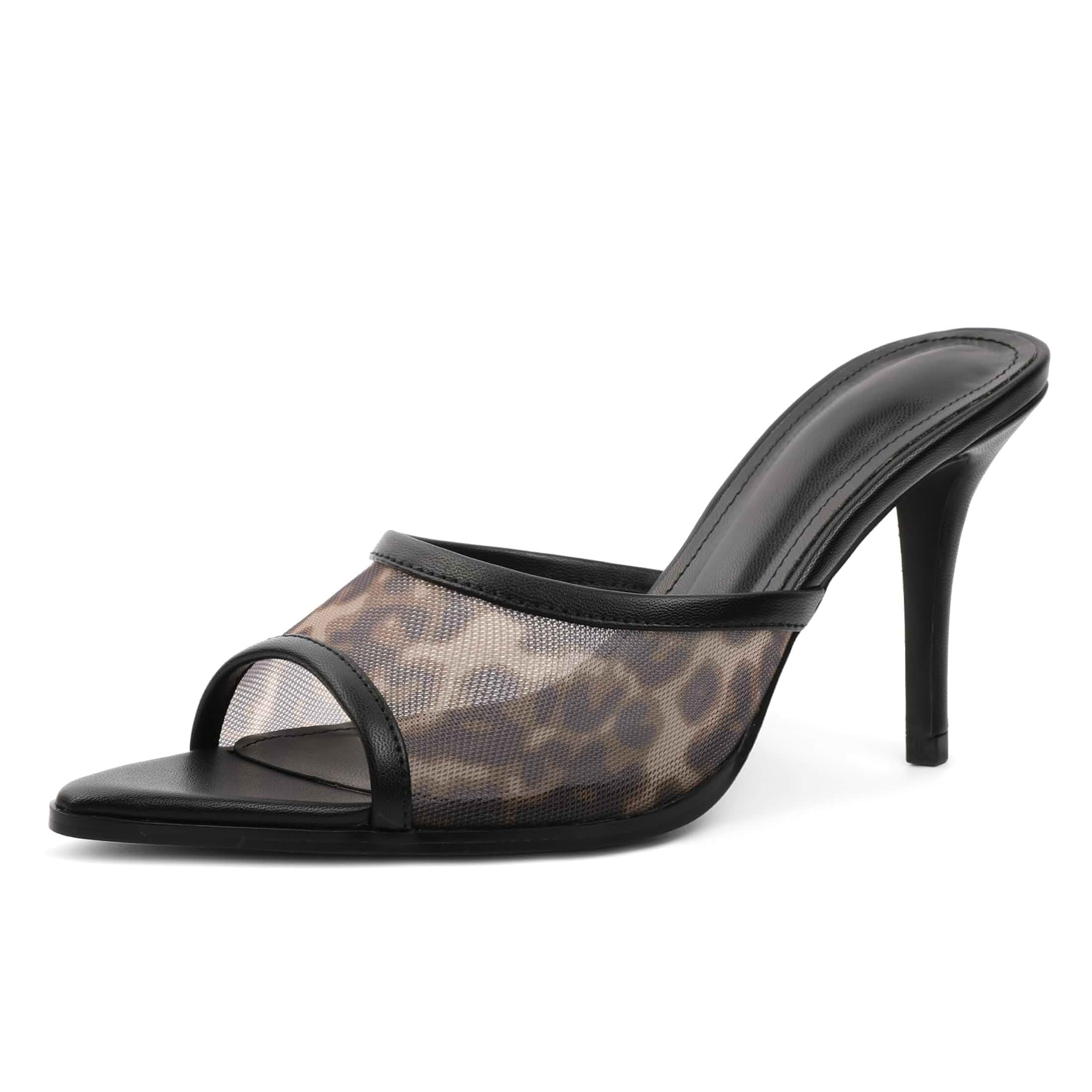 Eldof Mules Heels for Women Peep Open Toe Mesh Slip On Heel Stiletto Heeled Dress Sexy Sandals 3.5 Inches