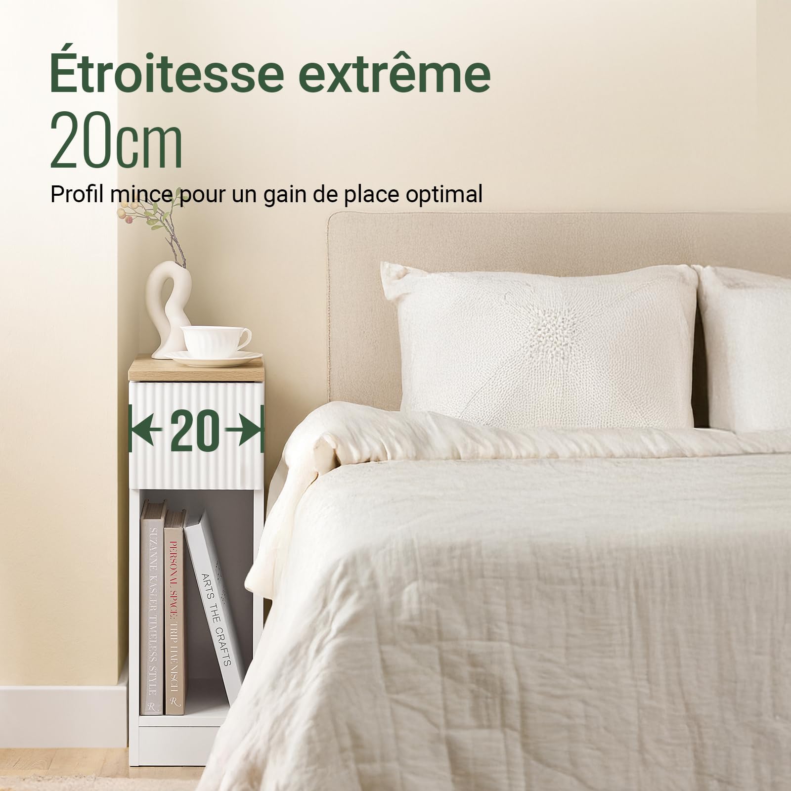 SoBuy Table de Chevet etroite 20cm avec façade ondulée de tiroir 20x35x60cm | Table de Nuit Table d'appoint avec design de plinthe, gain de place pour chambre, salon et petits espaces, Blanc, FBT111-W