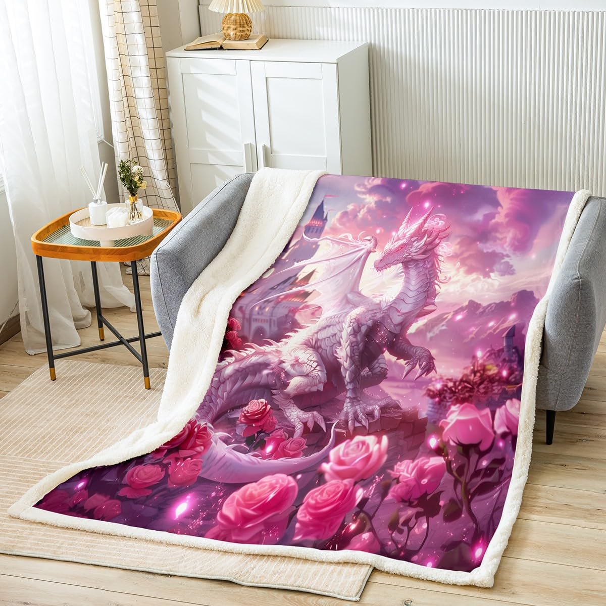 Western Dragon Kids Throw Blanket,Tale Castle Dragon Dreamy Bed Blanket for Girls Boys,Roses Chinese Dragon Trippy Fleece Blanket,Pink Romantic Fuzzy Blanket,Queen Size (90 x 90 Inches)