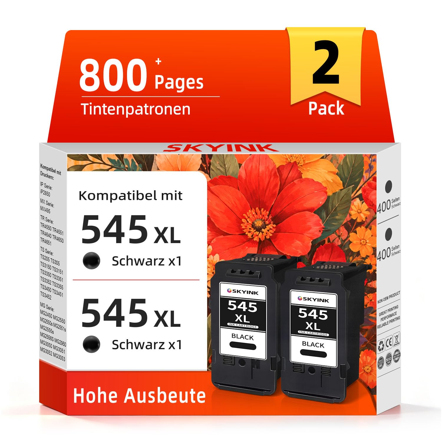 Skyink PG-545XL Tintenpatrone Ersatz für Canon Druckerpatronen 545 XL PG545 | Kompatibel für PG545XL Patrone für TS3350 TR4550 TS3450 TS3150 TS3400 TS3351 TS3451 TR4650 TS3355 TR4551 MG2555s (2 Schwarz)