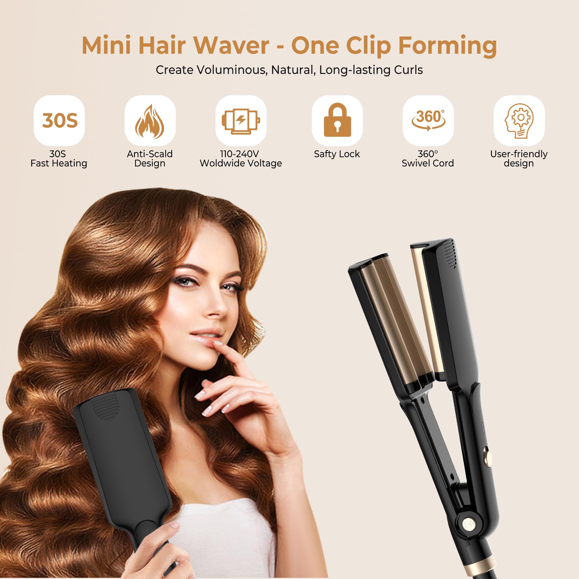 UKLISS Prostownica do włosów – Pro Mini falowana lokówka, 3 beczki Beach Waves, falówka do włosów, falowana fala, lekka lokówka do włosów, odpowiednia dla początkujących, z rękawiczkami
