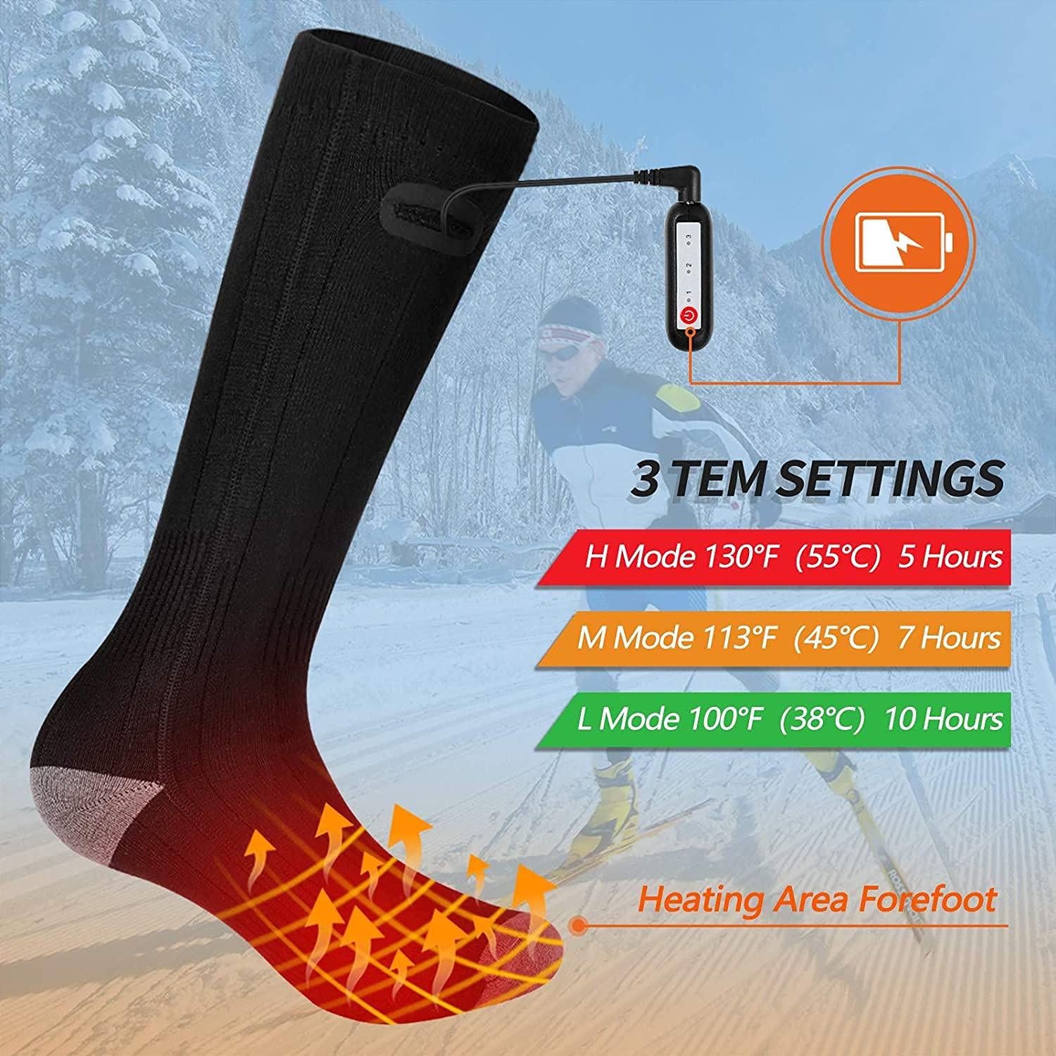 Chaussettes Chauffantes, Chaussettes Chauffe-Pieds Chauffe-Pieds Électriques Homme Femme Chaussettes Chauffantes Électriques Hiver pour Ski Cyclisme Chasse Pêche