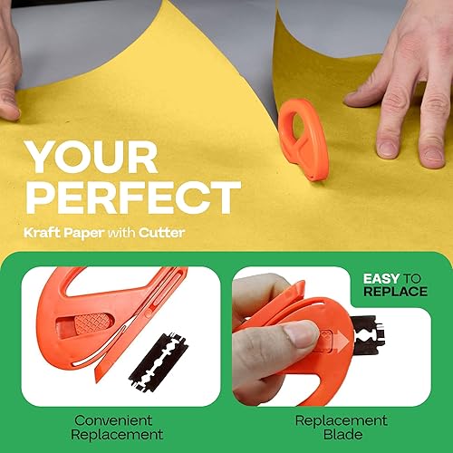 Miniatura 3 de Rollo de papel kraft amarillo de 36" x 1200" (100 pies) con cortador - Papel de regalo hecho en EE. UU. para embalaje, mudanza, envío y