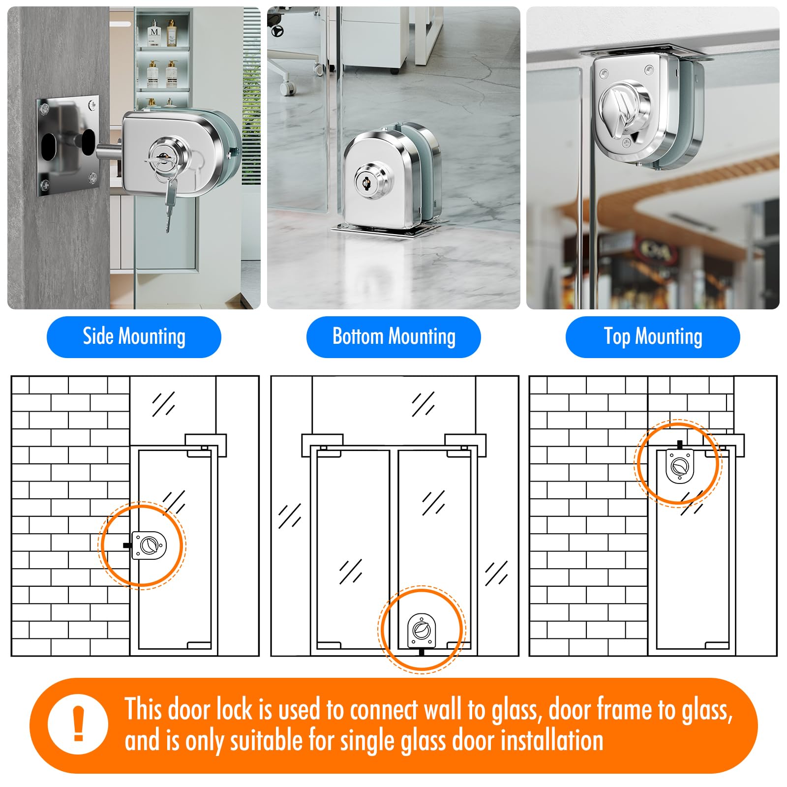 Ranbo serrure en acier inoxydable 304 pour porte en verre 10–12 mm, finition chrome polie, livrée avec 2 clés, bouton rotatif intérieur, montage sans perçage ou avec vis, sécurité renforcée