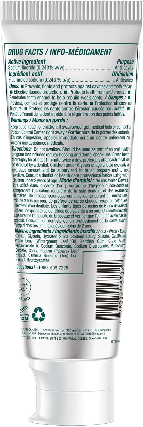 Attitude Complete Care Toothpaste with Fluoride, Spearmint Flavor, EWG Verified, Vegan & Cruelty-Free, Sugar-Free, Plant & Mineral-Based Ingredients, Clean Oral Care, 4.2 Oz