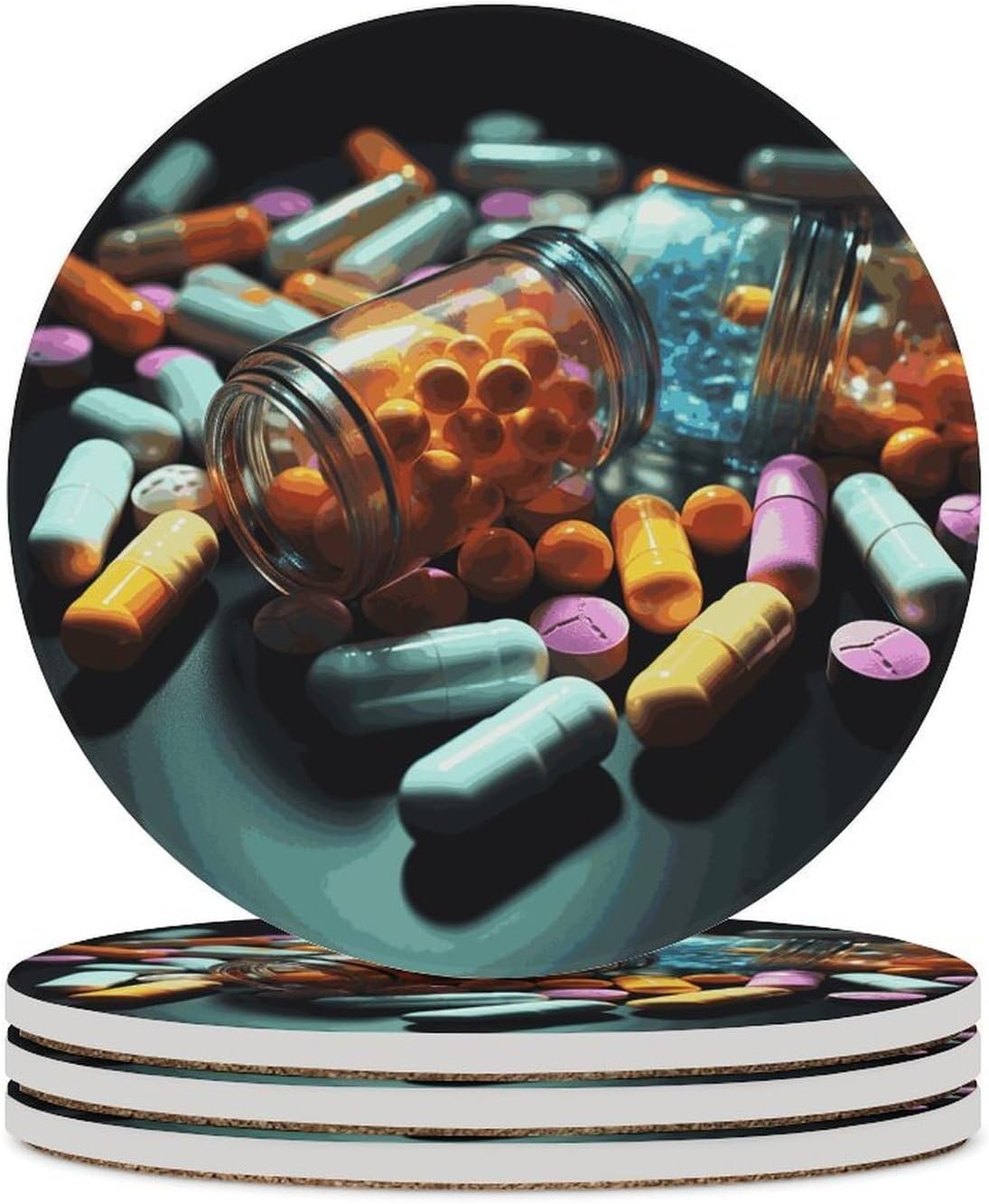 Medicine Pills Coasters Round Coasters Set Ceramic Stone Coaster with Cork Base Coffee Cup Beverage Cup Mat Cute Funny Table Drinks Coaster for Mugs and Cups Office Kitchen