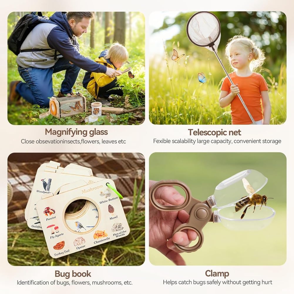 Kit de Captura de Insectos para Niños, Kit de Exploración, 10 Piezas para Exteriores con Lupa y Red, para Niños de 4 A 8 Años.