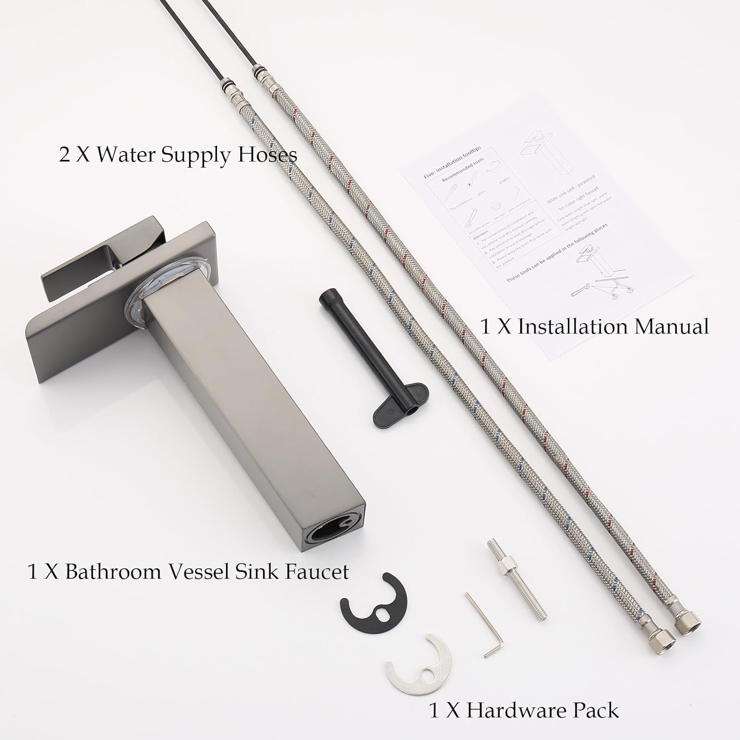 LED Bathroom Faucet Black Stainless, Drak Dray Bathroom Sink Waterfall Tall Vessel Faucet Gunmetal Grey 1 Hole with 3 Color Changing Single Handle Brass