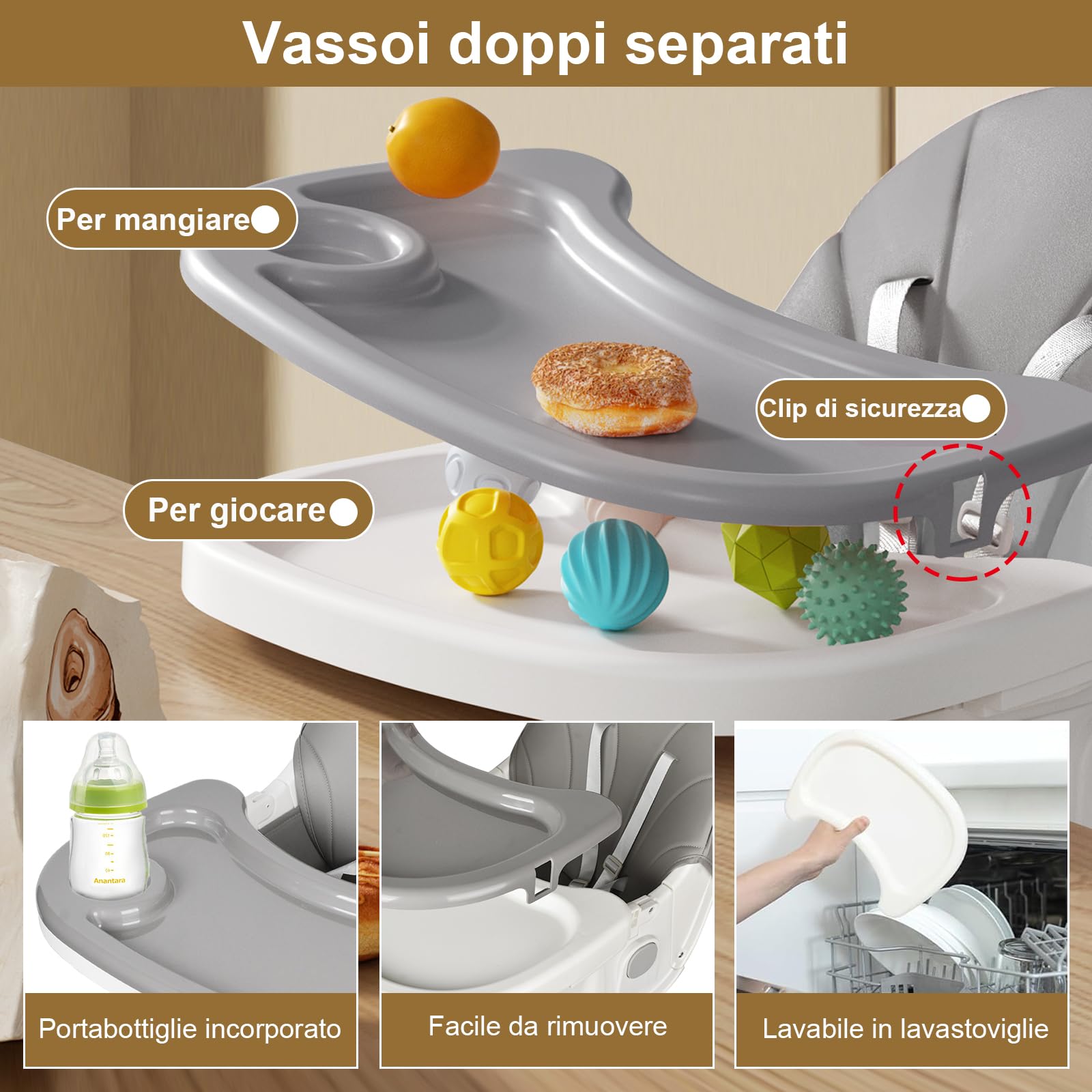 Seggiolone Pappa Portatile, Seggiolone Evolutivo con Dondolo Neonati, Piatto da Cena Smontabile, Schienale regolabile, per Bambini da 6 Mesi fino a 6 Anni