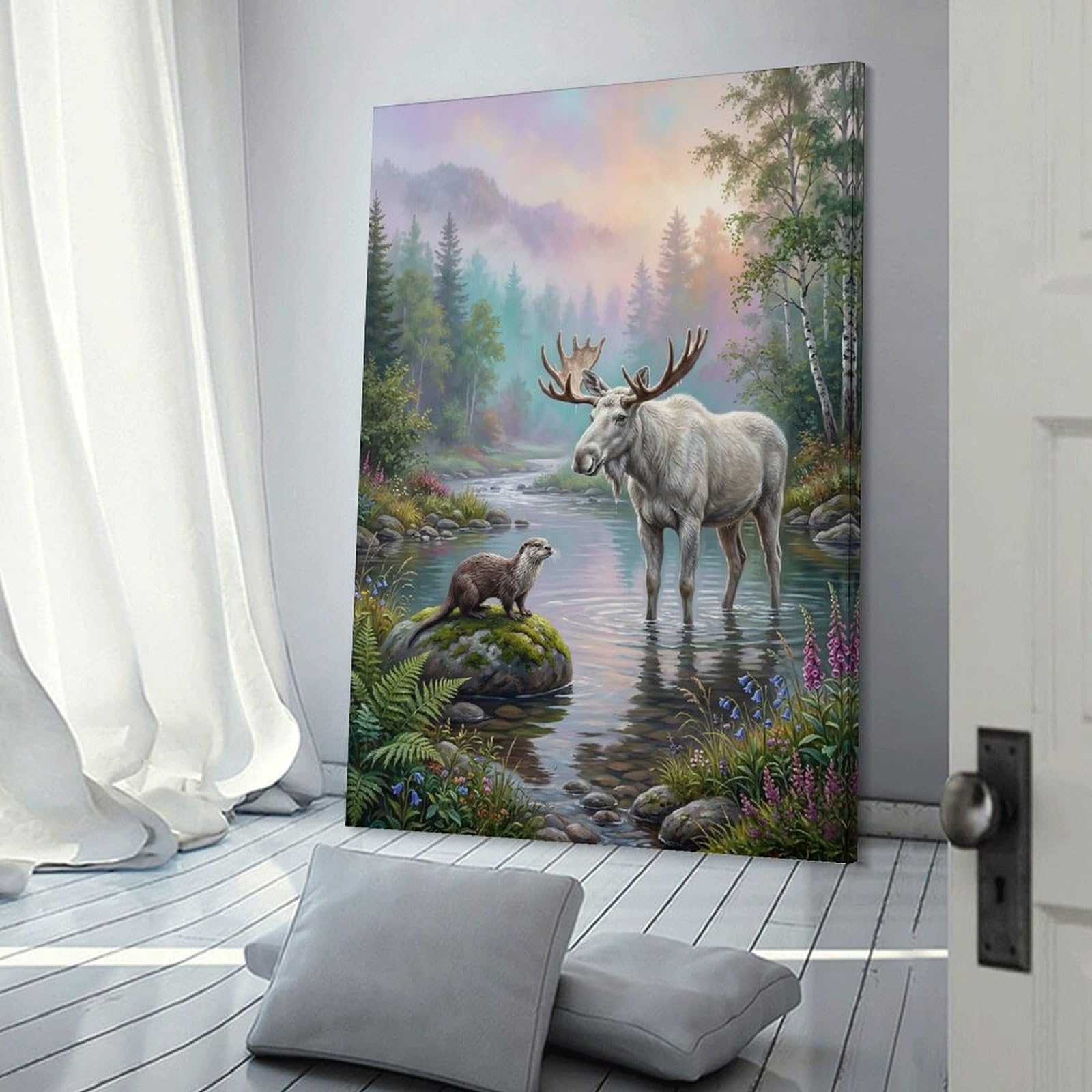 Junmoney Canvas Art Print Moose And Otter in A Forest Stream, 12x18inch(30x45cm), for Feature Walls in Flats Or Modern Rooms, Wall Decor Suited to Curated Displays