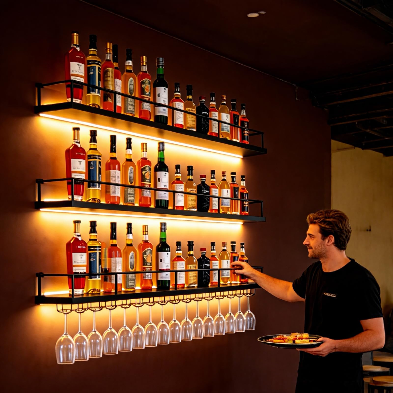 Botellero de Pared Industrial con Luz LED, Estante de Vino de Metal 3 Niveles con Portavasos, Multifuncional, Negro/Dorado, Varios Tamaños para Cocina, Bar, Cafetería (Negro, 140CM)