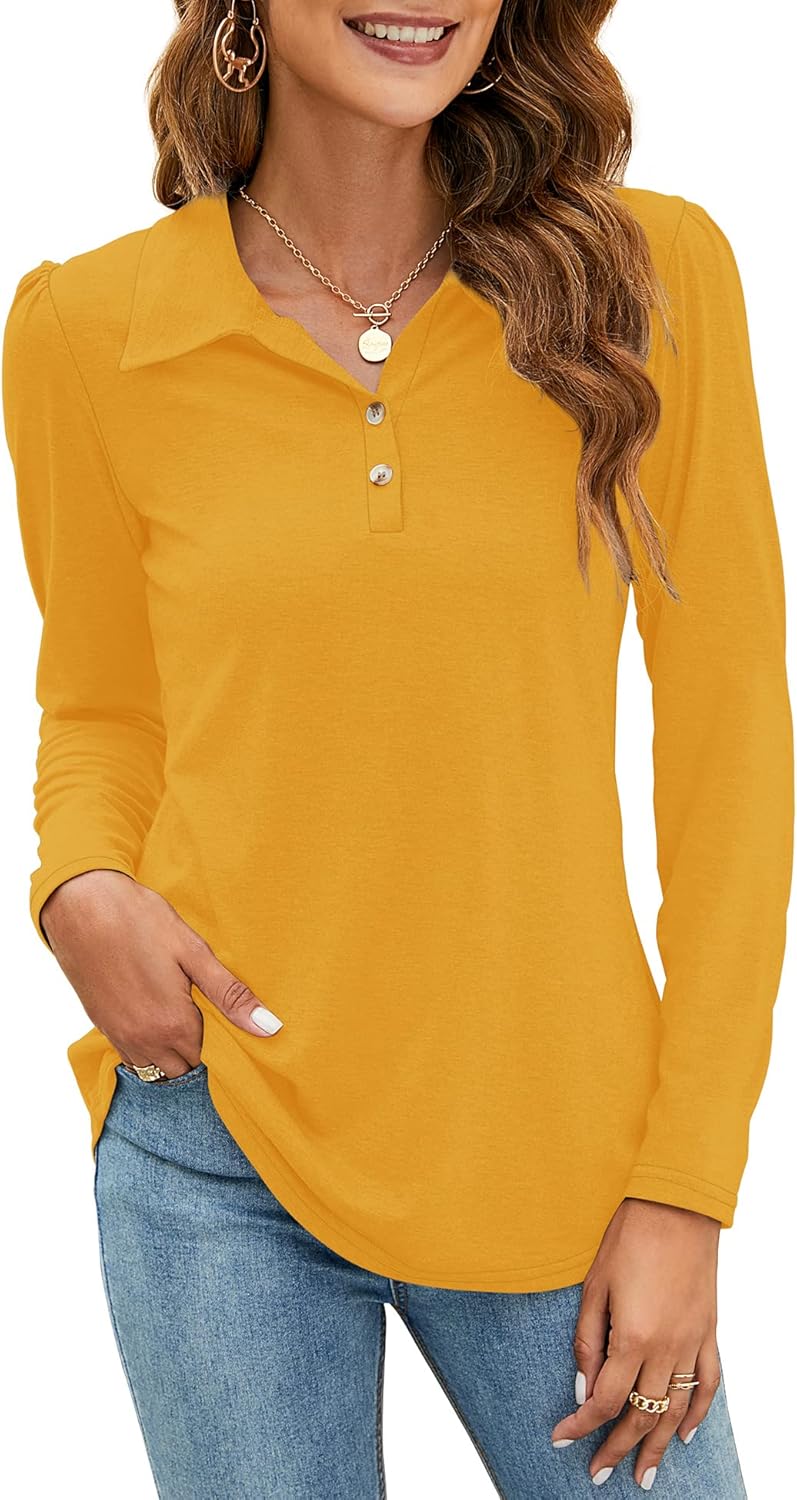 LOMON Womens Polo Shirts Button Down Collared Long Sleeve Tops V Neck Loose Blouses