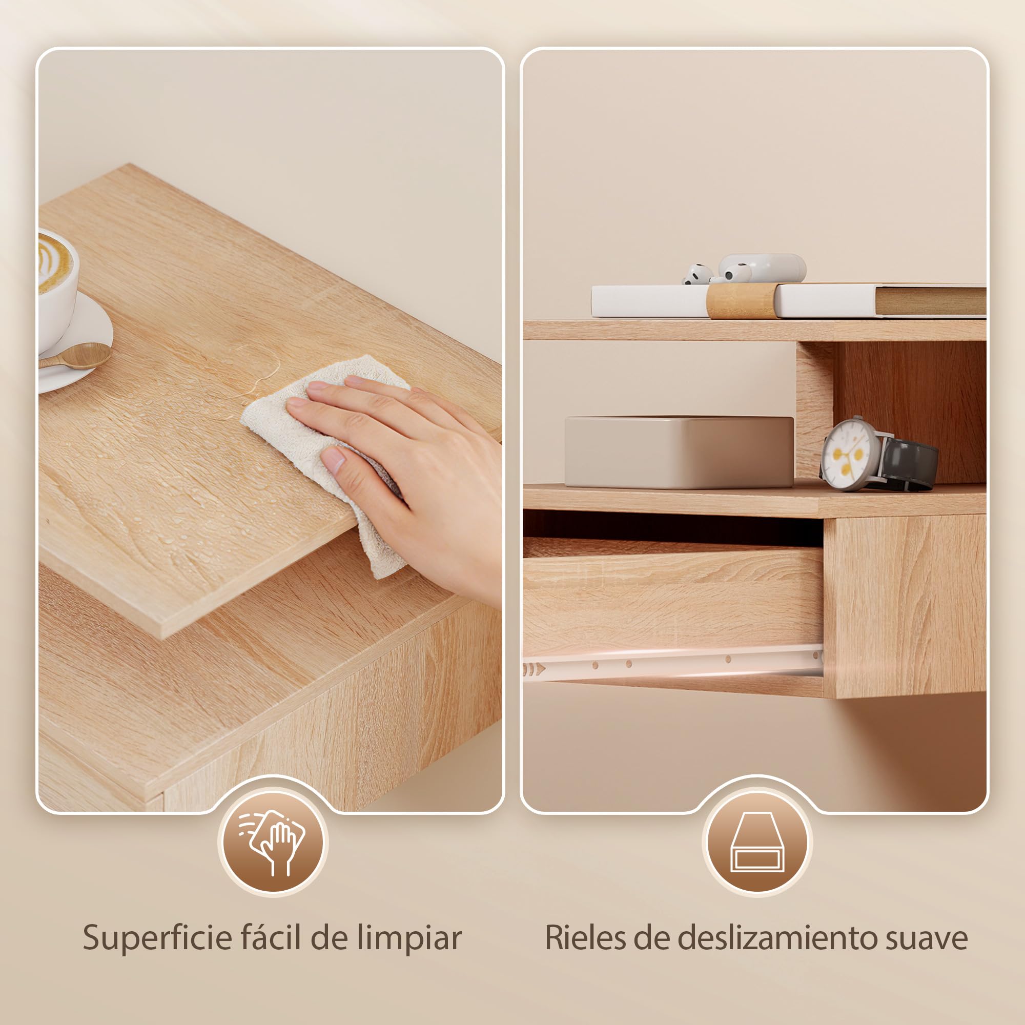 HOMCOM Juego de 2 Mesitas de Noche Flotantes con Cajón, Mesillas de Noche Dormitorio, Montado en la Pared, Estilo Moderno, para Sala de Estar, 35x32x22,5 cm, Roble