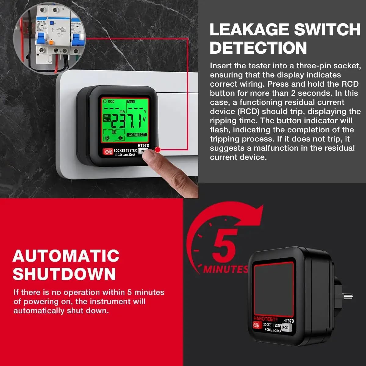 DollaTek Tester de Enchufe Profesional D9B Detección RCD/GFCI Display LCD Voltaje/Frecuencia 6-Alambre Diagnóstico Fallos 90-250V Analizador para enchufes EU Certificación EN61326