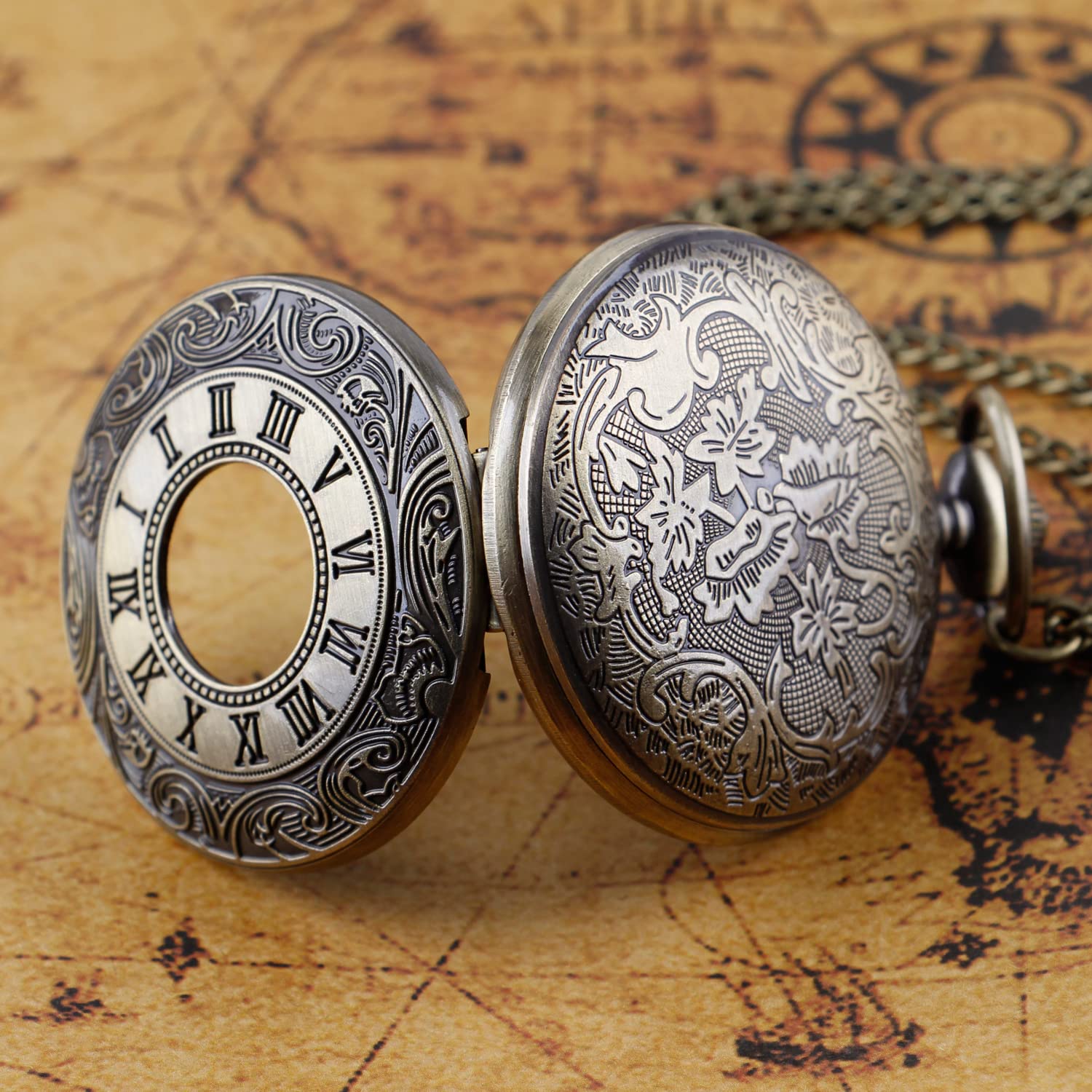 zegarek kieszonkowy， Vintage Roman Number Quartz Steampunk Zegarek kieszonkowy z łańcuszkiem dla mężczyzn Urodzinowe prezenty świąteczne(Bronze)