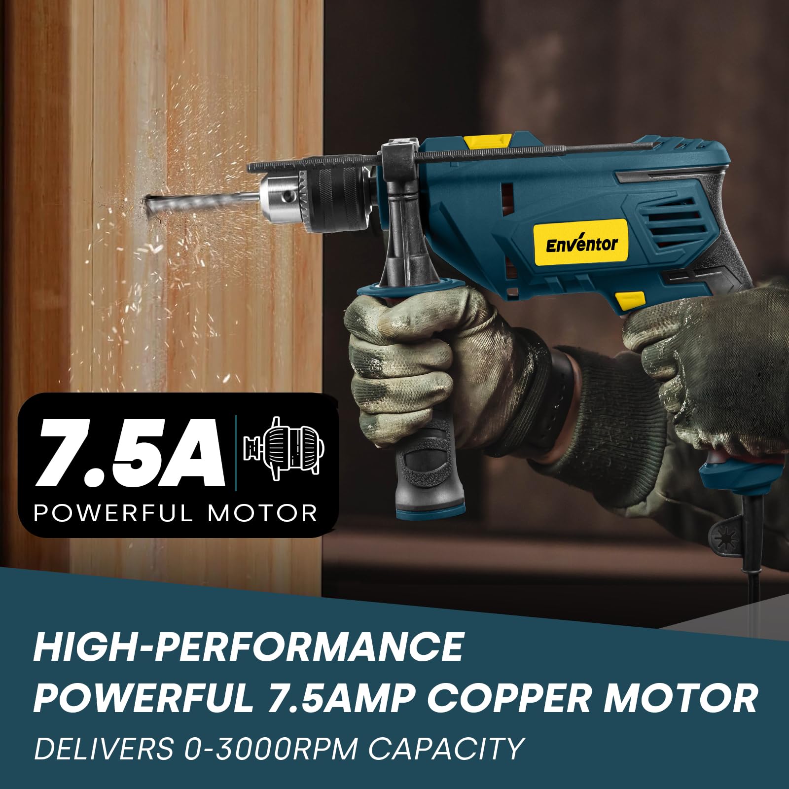 Enventor 7.5 Amp Hammer Drill, 1/2 Inch Electric Drill Hammer, 900W 0-3000RPM Variable Speed, 360° Auxiliary Handle, Lightweight Corded Hammer & Drill 2 in 1 with 9pcs Bit for Metal, Wood, Blue