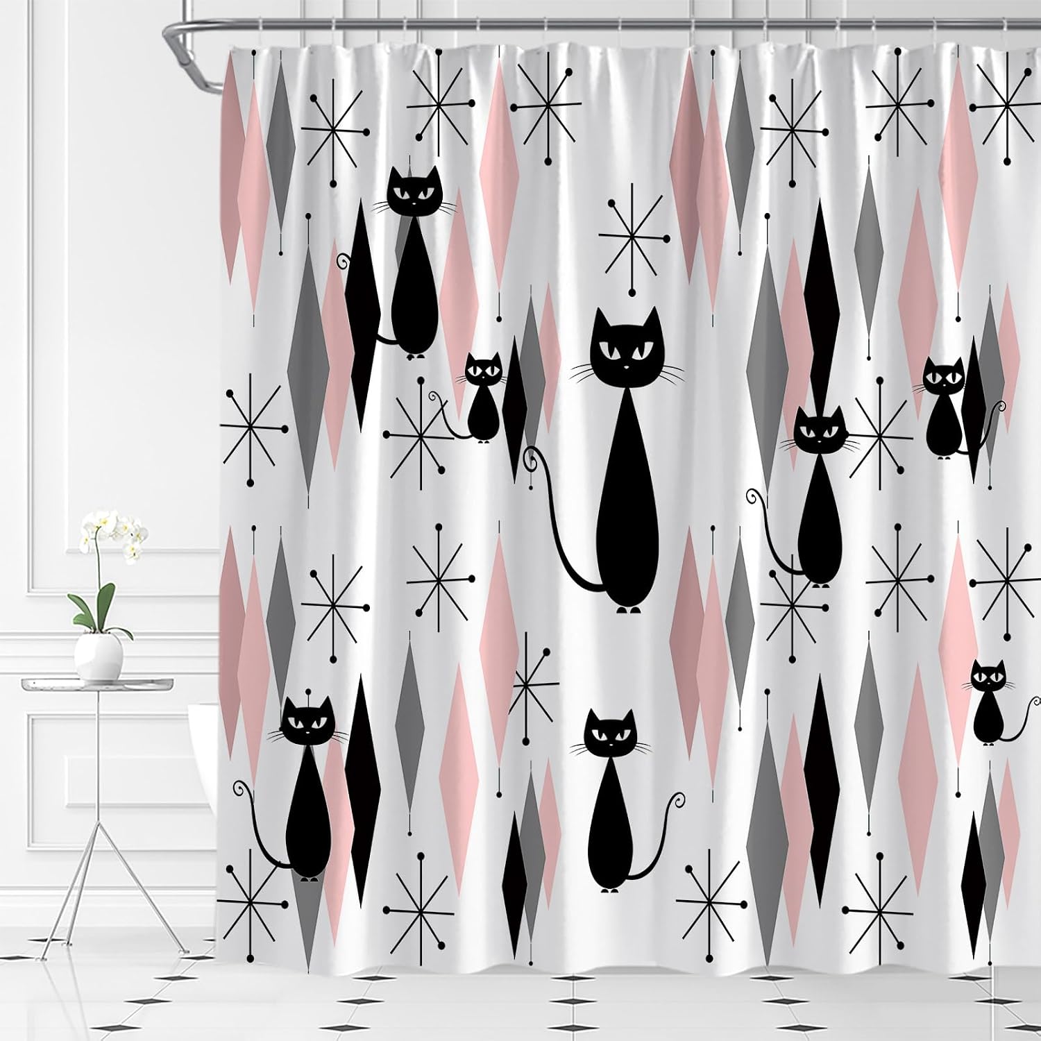 Mid Century Black Cat Shower Curtain Atomic Cat, 72 x 72 Inch