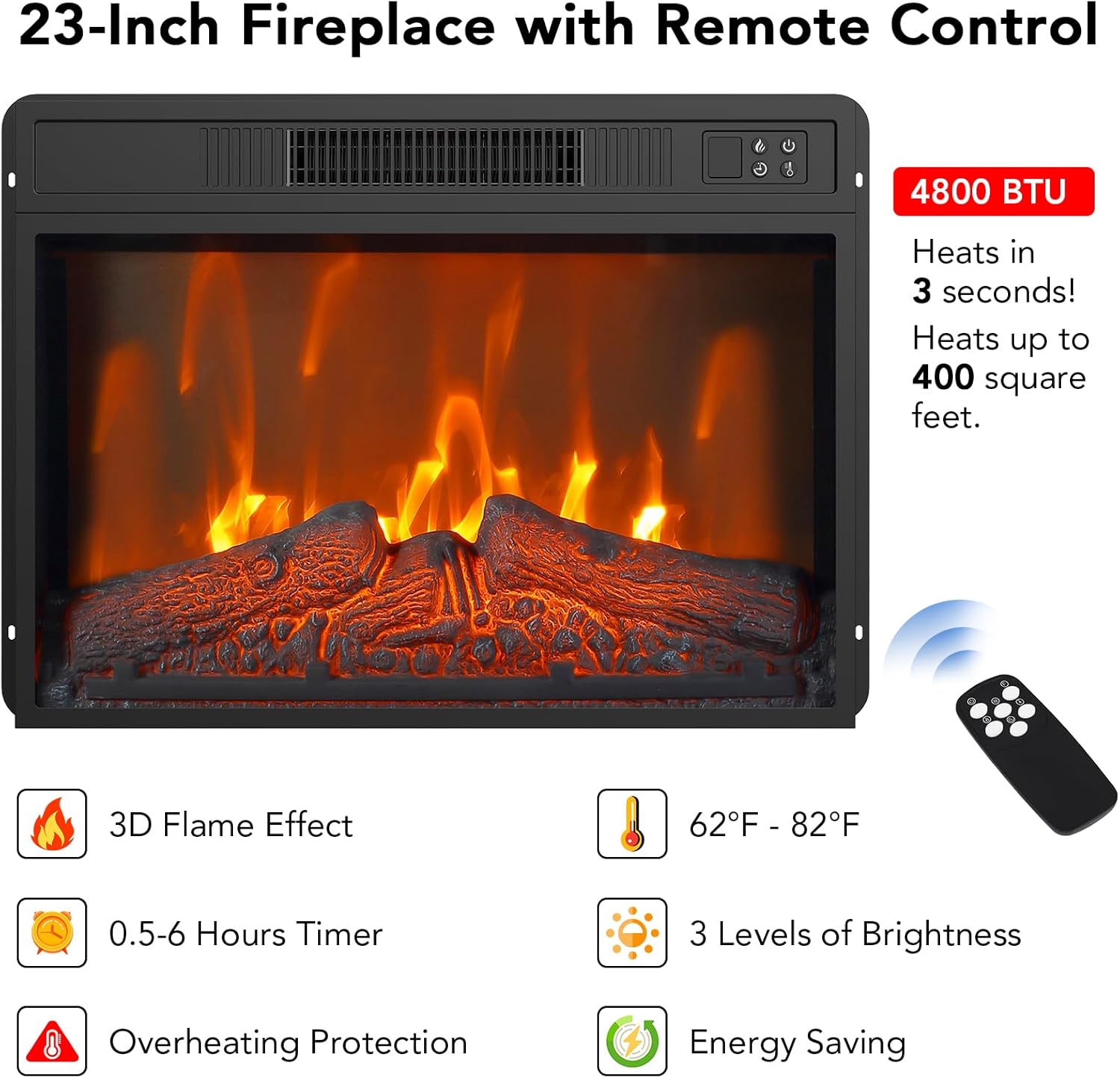 23" LED Electric Fireplace, Fireplace TV Stand for 67 Inch TV, Freestanding Fire Place TV Stands with Glass Door Closed Storage, Remote Control, Timer, Adjustable Flame Level for Living Room