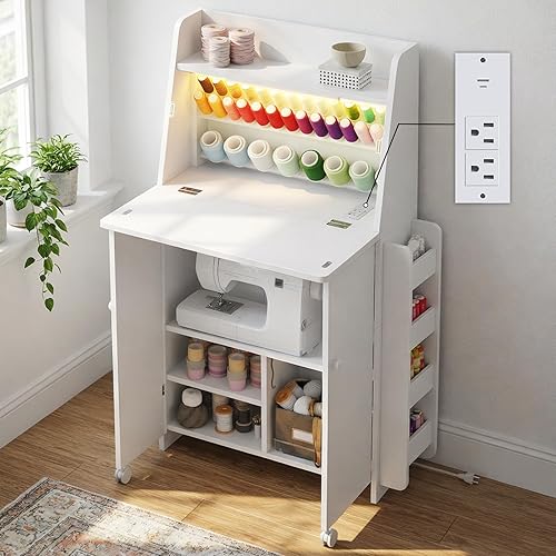 Folding Sewing Machine Cabinet with LED Lighting & Built‑in Charging Station, Sewing Table with Thread Organizer & Storage Shelves, Foldable Craft Desk for Small Spaces, Home & Craft Room Folding Sewing Machine Cabinet with LED Lighting & Built‑in Charging Station, Sewing Table with Thread Organizer & Storage Shelves, Foldable Craft Desk for Small Spaces, Home & Craft Room