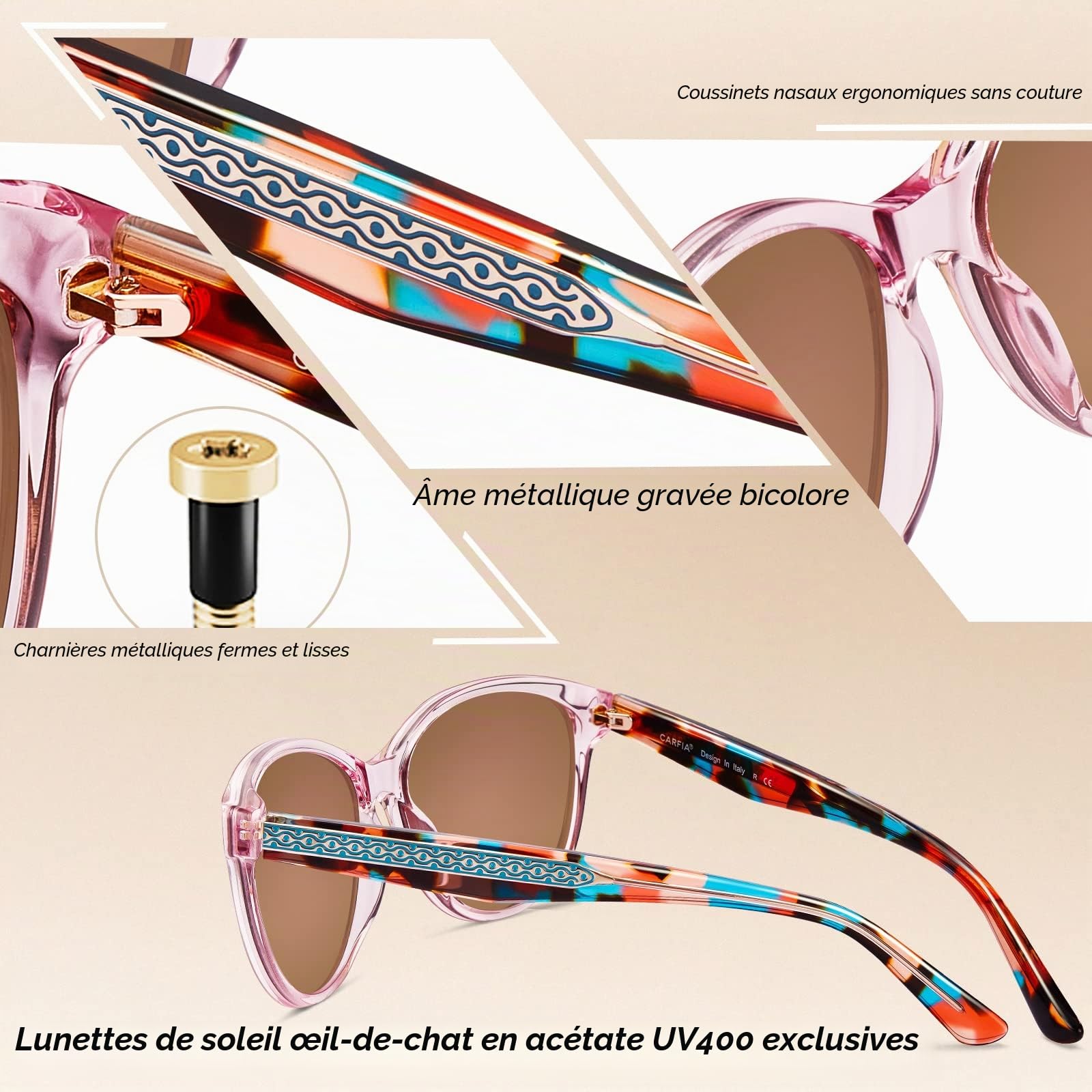 Carfia Rétro Lunettes de Soleil Femme Polarisées Cat.3 Protection UV400 Motif Gravé Monture en Acétate pour Voyager