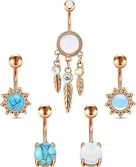 Funseedrr3-5pcs Belly Bars Navel Rings Surgical Steel 14G 10mm Belly Button Rings Dangle Opal Turquoise Curved Barbells Body Piercing Jewellery Silver Rosegold