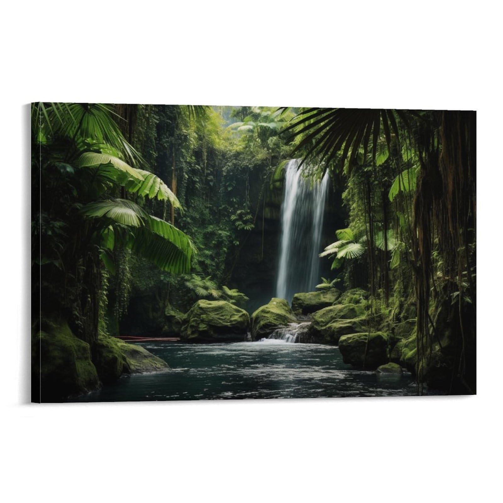 Euumkoo Framed Forest Waterfall Canvas Wall Art, Tropical Jungle Landscape Picture Painting On Canvas, Print Poster Decoration Artwork For Home Living Room Bedroom Wall Decor Frame 24X36inch(60X90cm)