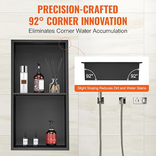 Miniatura 7 de VEVOR Nicho de ducha de acero inoxidable 304 sin azulejos de 13 x 25 pulgadas, estante doble de 13 x 25 pulgadas, color negro