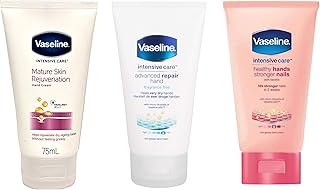 Vaseline Intensive Care Hand Cream Set of 3. Mature Skin Rejuvenation 75ml, Healthy Hands Stronger Nails 75ml, Advanced Repair Hand Cream 75ml. Perfect for the Bathroom or in the Bag on the Go!