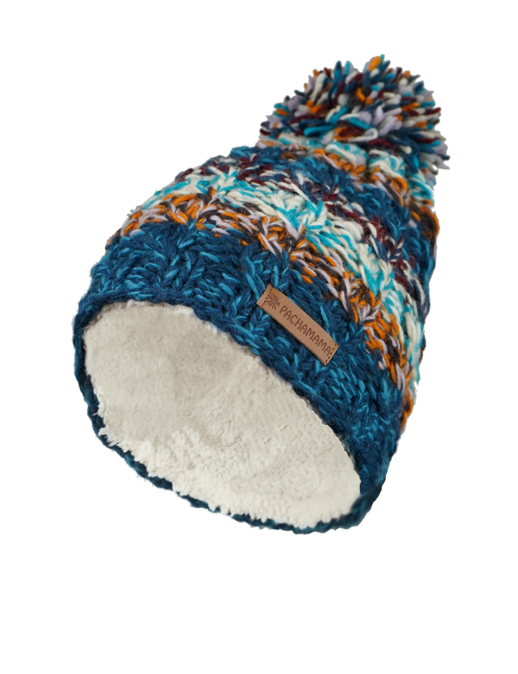 Pachamama Women's Blue Wool Beanie Bobble Hat Sherpa Fleece Lined Handknitted Multicoloured One-Size Handmade Extra Warm Fair Trade