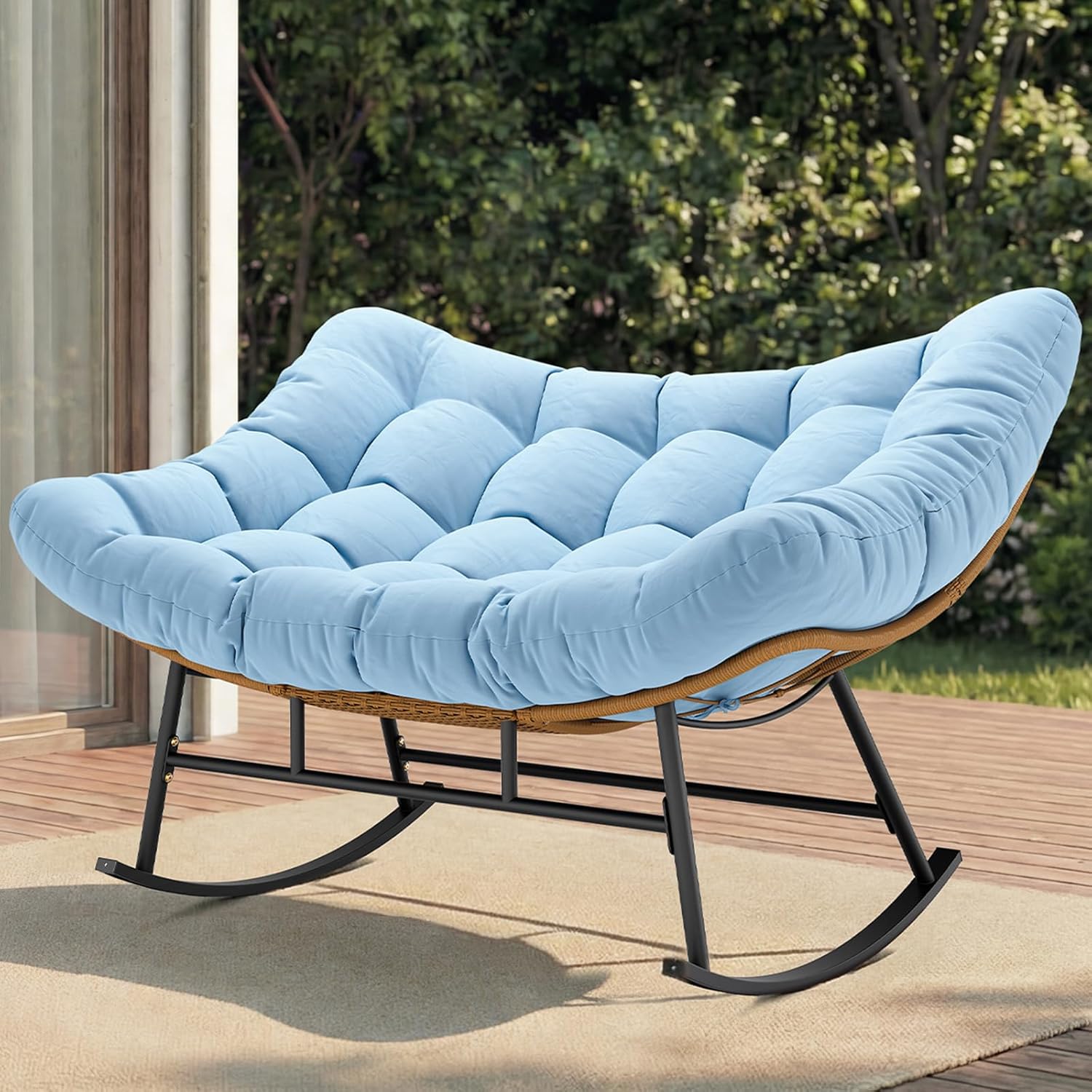 Sikaic Oversized Double Outdoor Papasan Rocking Chair, Egg Rocker with High Back Water Resistant Cushion, Rustproof & UV Resistant PE Wicker Patio Chair for Porch, Garden, Living Room, Sky Blue