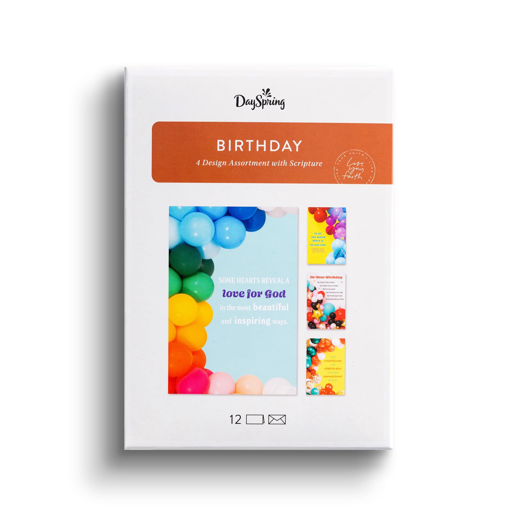 DaySpring - Birthday Balloons - 4 Balloon Designs Assortment with Scripture - 12 Happy Birthday Boxed Cards & Envelopes (U0057)