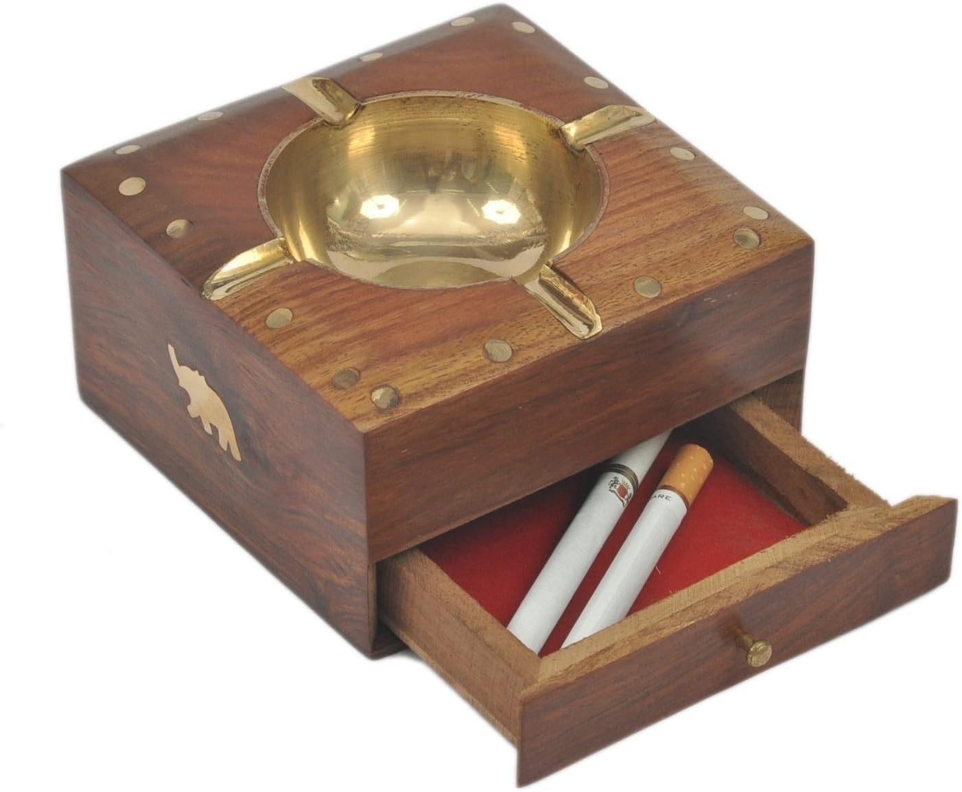 Indiacraftsoul Diwali & Christmas Gift Golden Colour Handmade Beautiful Designer Square Shaped Wooden Ashtray with Elephant Design Enlay & Drawer