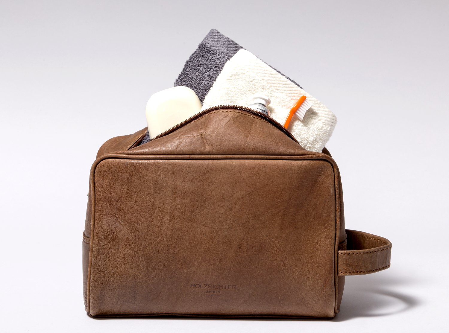 HOLZRICHTER Berlin - Kulturtasche aus Leder für Damen & Herren (No-3-1), Kulturbeutel 15x25x13cm, Echtleder Waschtasche, Camel