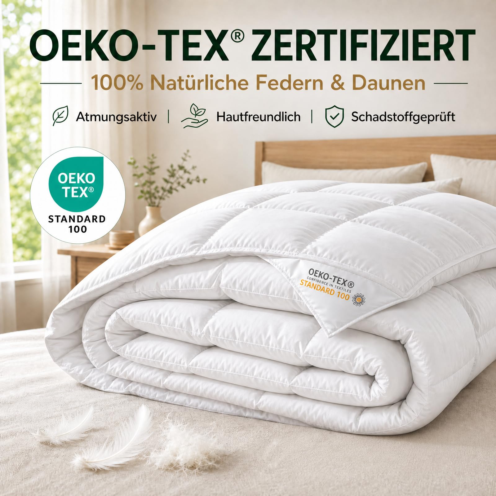 Daunendecke 200x200 Ganzjahres Bettdecke, Daunen, 100% Baumwolle Bezug, atmungsaktiv, Oeko-TEX Standard 100 Zertifiziert, leichte warme Bettdecke für Winter & Sommer, ideal für Allergiker
