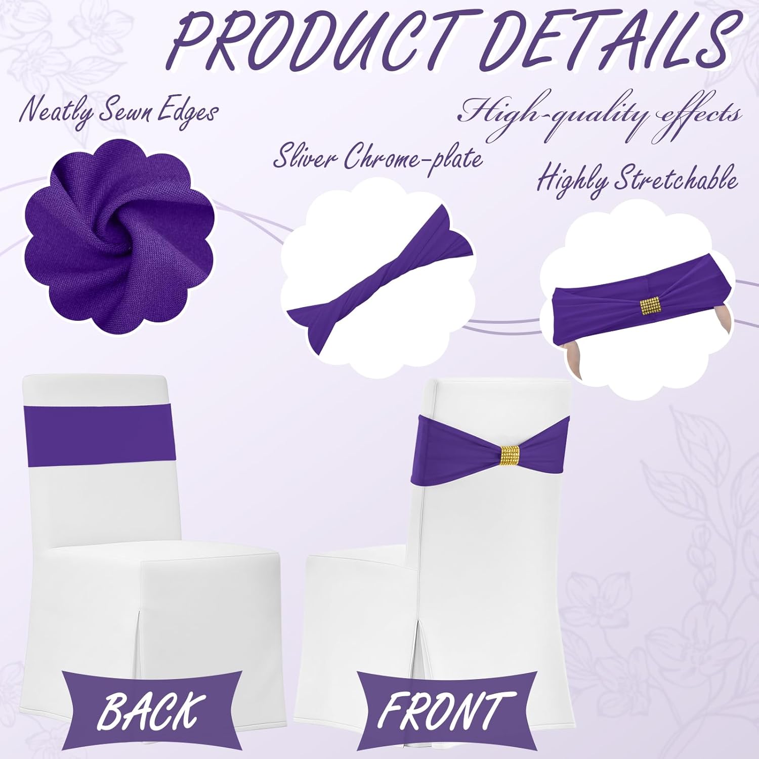 Moukeren 50 pcs Spandex Chair Sashes Bows Stretch Chair Covers Bands with Slider Buckles Universal Elastic Seat Ribbons for Wedding Party Events Ceremony Birthday Banquet (Purple)