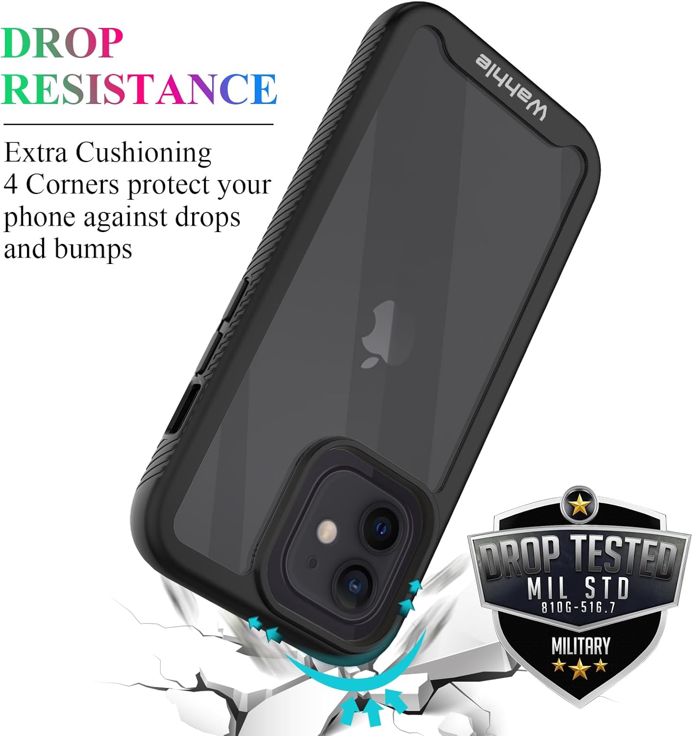 wahhle Compatible with iPhone 12/12 Pro Case, Built in Screen Protector Full Body Shockproof Slim Fit Bumper Protective Phone Cover 6.1'' Men Women-Black/Clear - Image 2