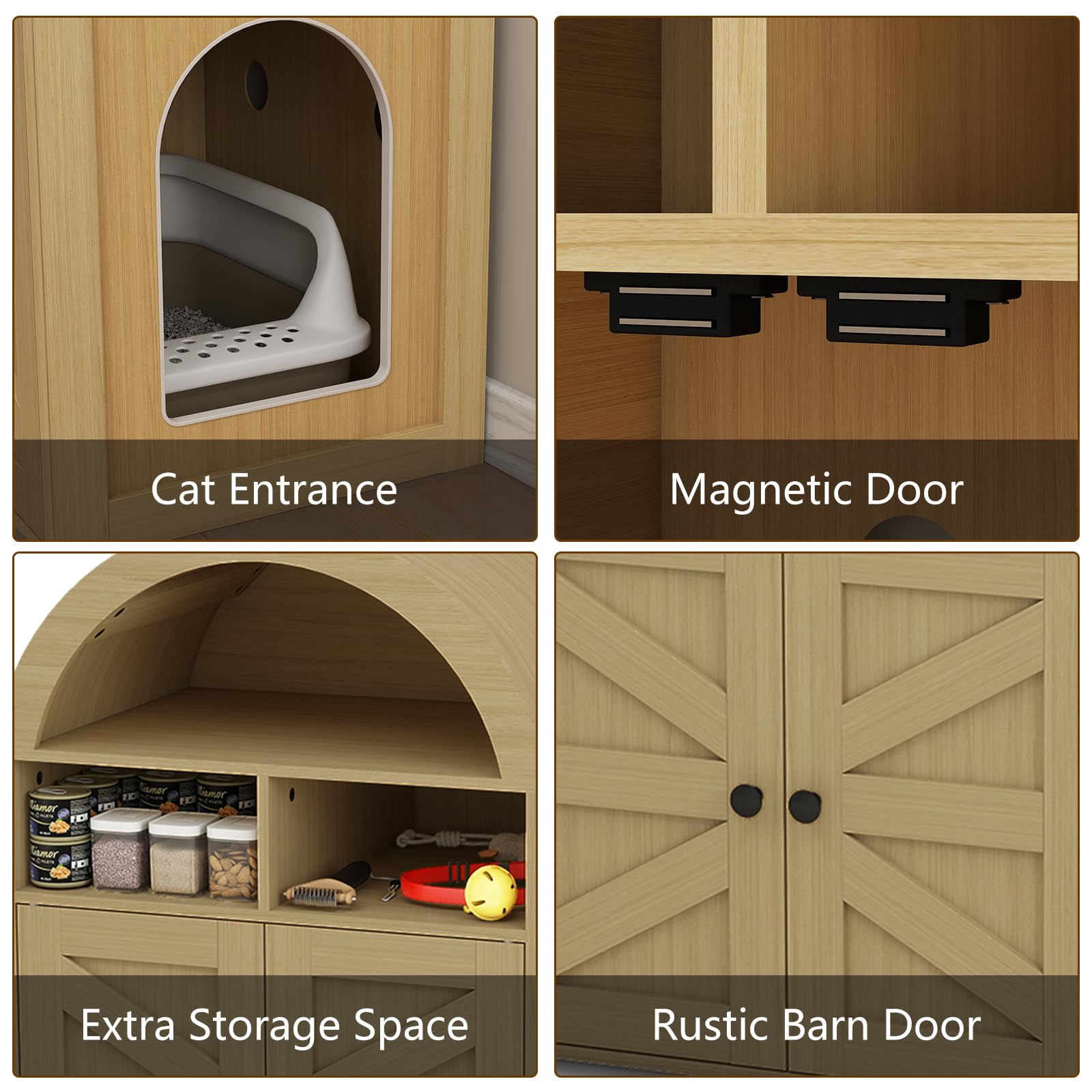 Arched Litter Box Enclosure, Cat Litter Box Furniture Hidden, Cat Washroom Bench Storage Cabinet with Double Doors and Open Shelf for Bedroom, Living Room - image 4