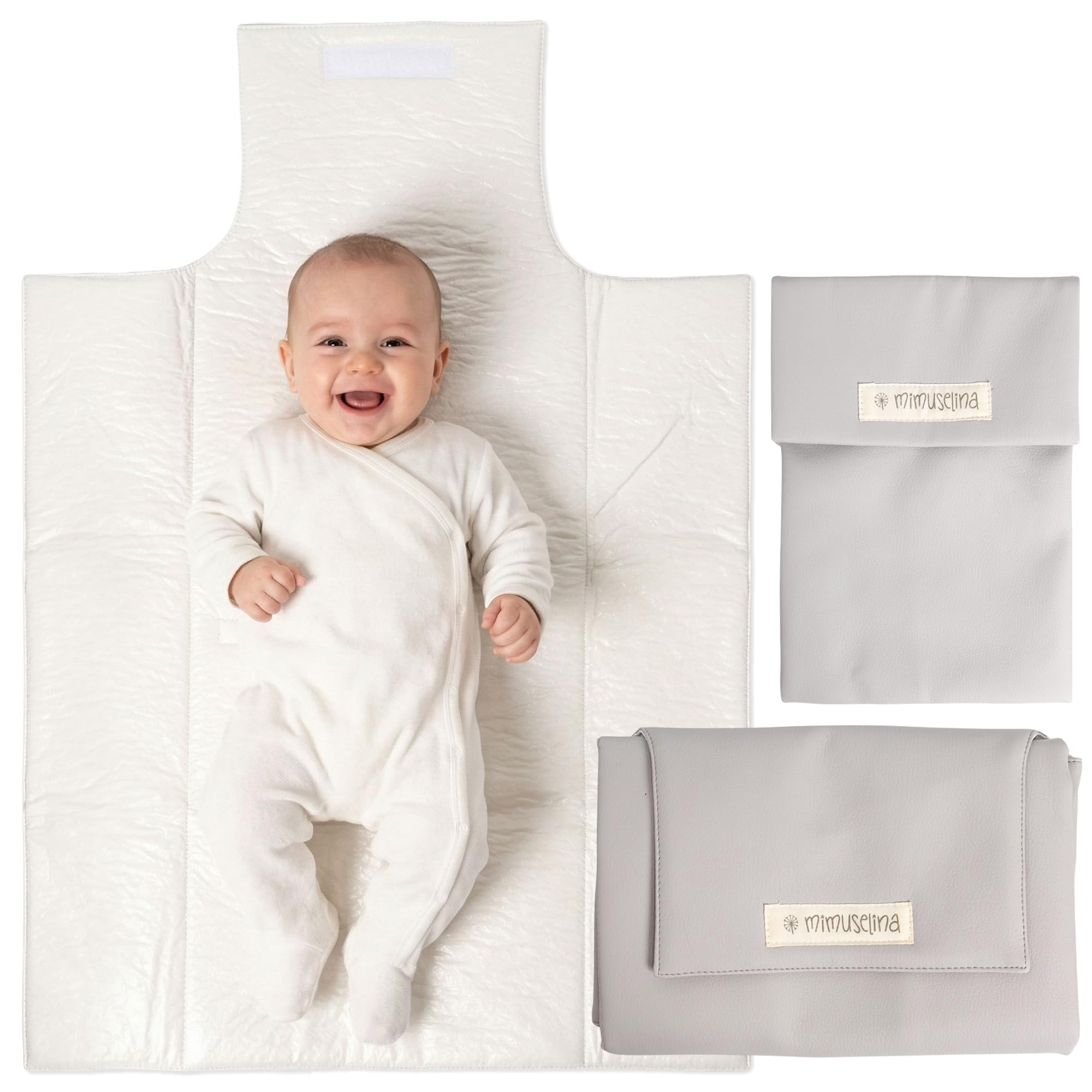 MIMUSELINA Set mit tragbarer Wickelunterlage Unterwegs und Wickeltasche | Wasserdicht, faltbar und aus Kunstleder | Baby-Zubehör für unterwegs oder auf Reisen