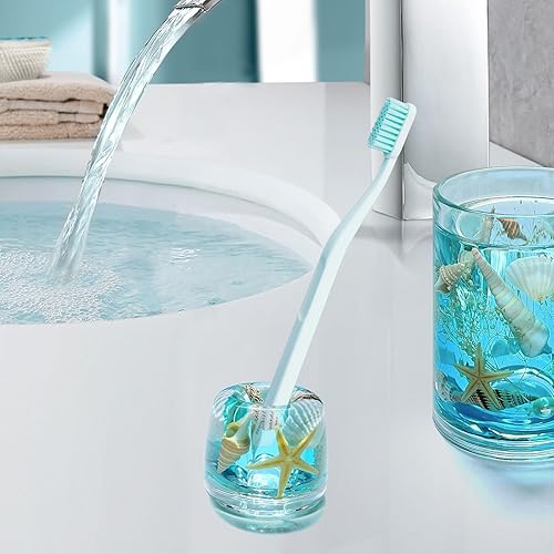 Miniatura 5 de FONMY Mini soporte para cepillos de dientes, acrílico con concha de mar natural, hecho a mano, organizador para encimeras de tocador de baño,