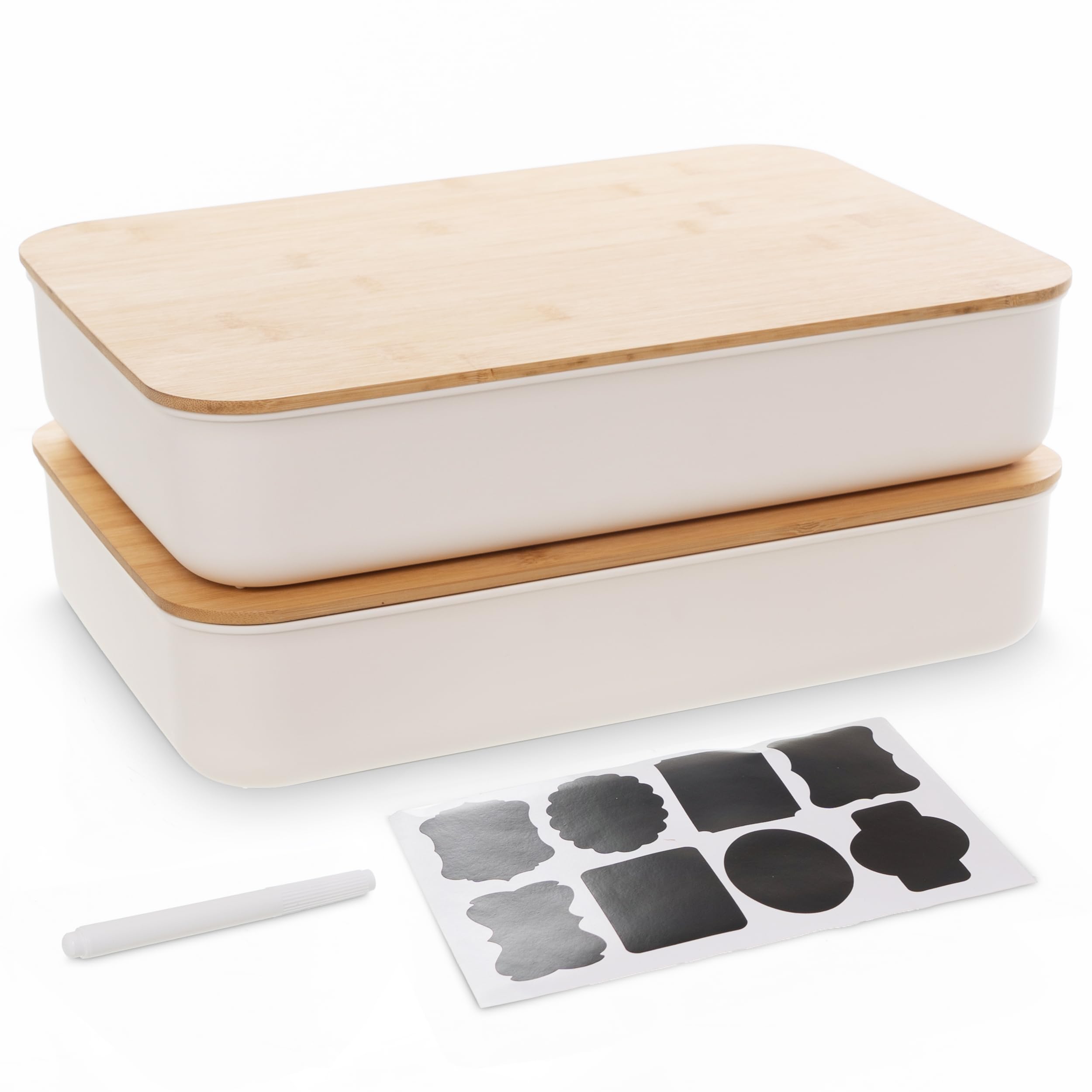 Citylife 2 PCS Storage Bins with Bamboo Lids Plastic Storage Containers for Organizing Stackable Storage Box, 15.02 x 10.87 x 2.98 inch