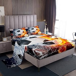 Erosebridal Boys Lightning Soccer Bed Sheets Football Sports Queen Bedding Set for Kids Teens Youth Bedroom Decor Baseball Bed Sheet Set Water Fire Basketball Fitted Sheet Red Blue Flat Sheet 4 Pcs