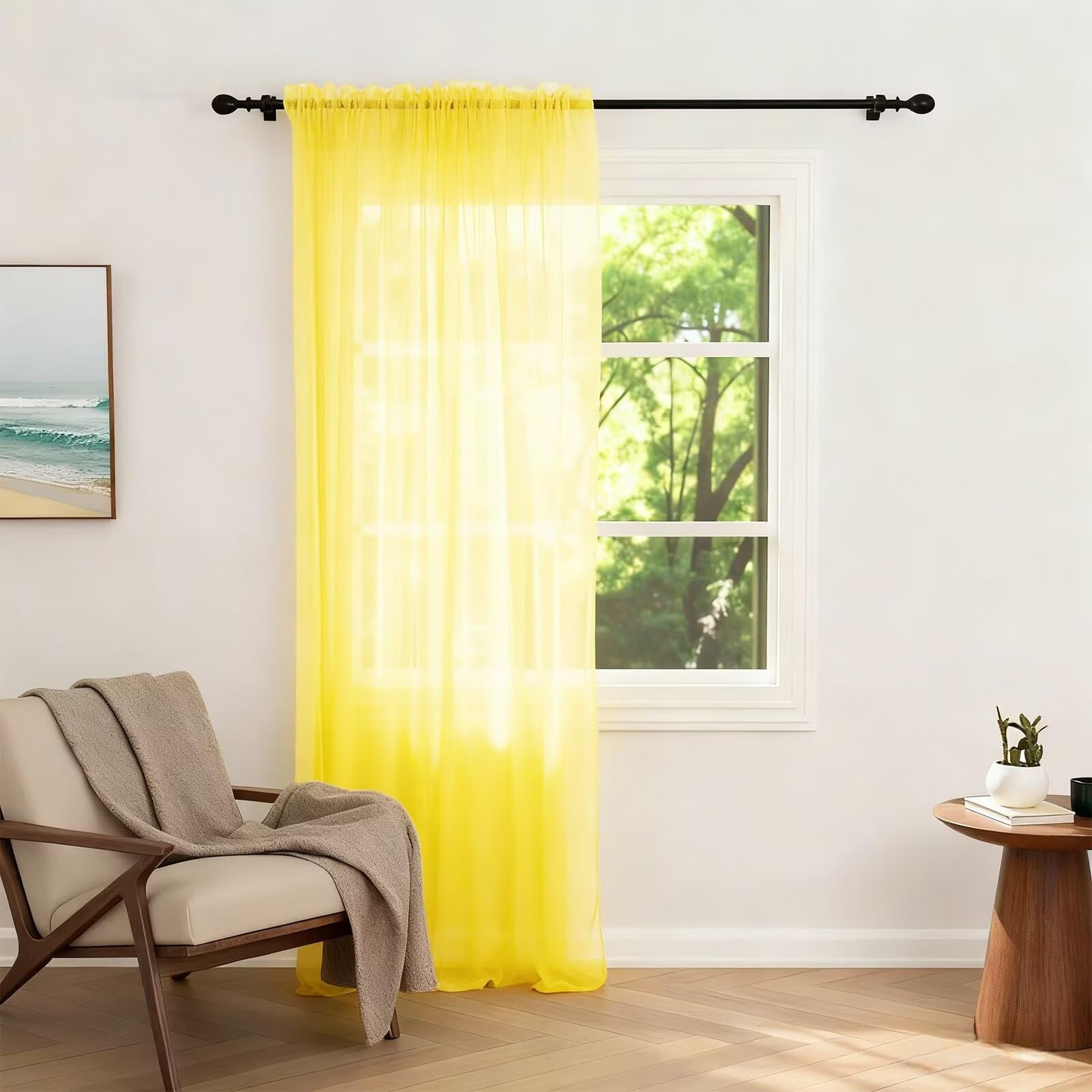 Zdada Net Curtains for Windows 108 Drop, Yellow Slot Top Voile Curtains, Semi Transparent Sheer Curtain Net Curtain Panel for Living Room Kitcken W60xL108 Inch,1 Panel