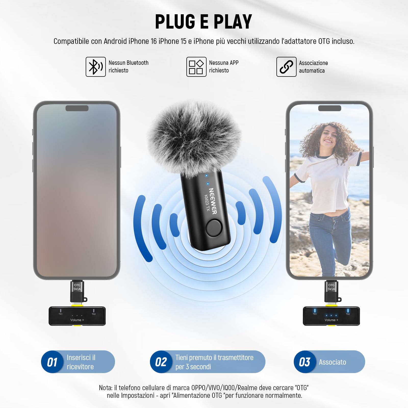 Neewer Kit Microfono Lavalier Wireless per USB C, Microfoni a Condensatore Omnidirezionali Compatibili con iPhone 15 Samsung Android Phone, Mini Lav Mic Anti Rumore per Vlogging Streaming Live, KM23
