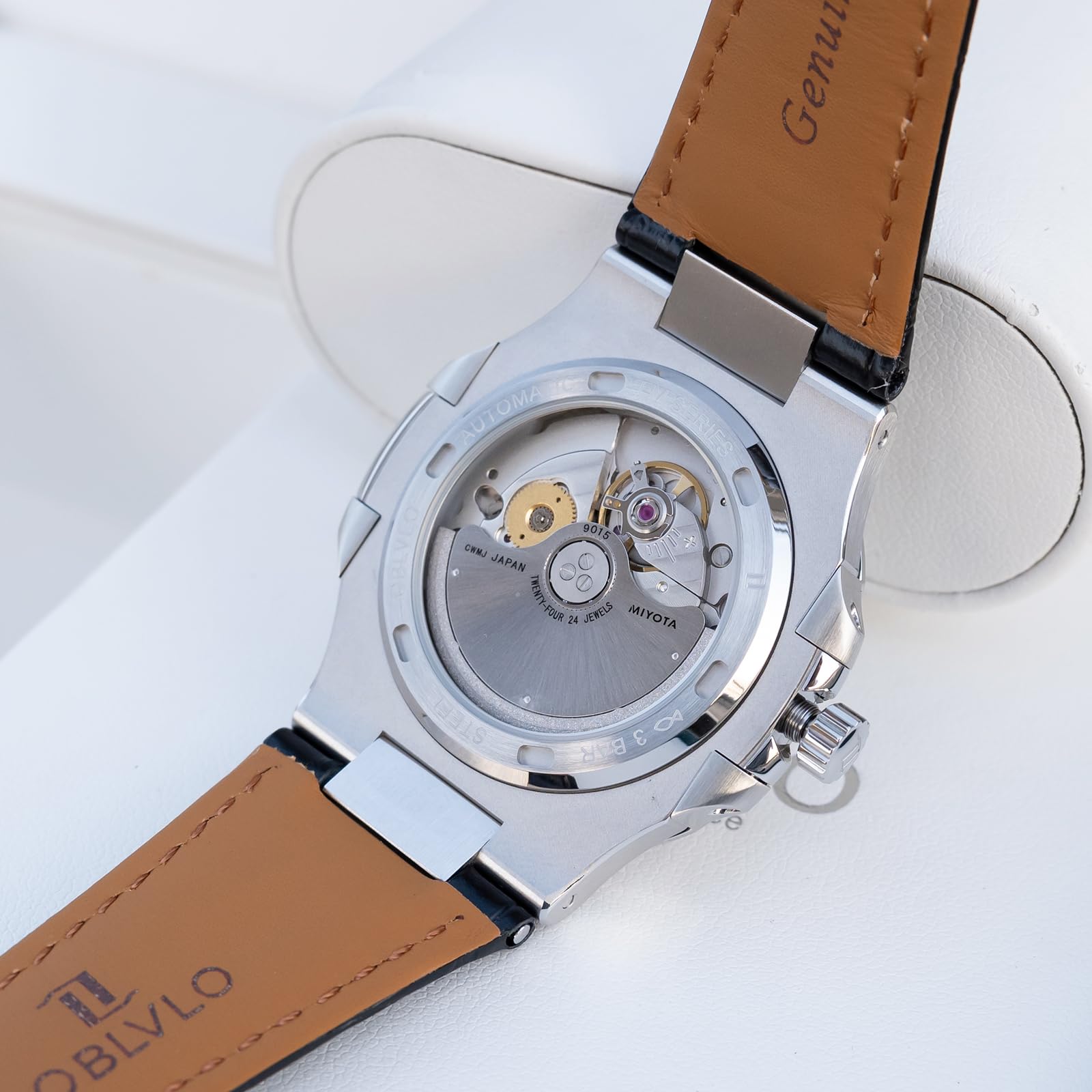 OBLVLO Elegante orologio da uomo automatico quadrato, cassa ultrasottile in acciaio inox da 8,5 mm, cinturino in pelle nera, display della data, Miyota 9015, FM-AT