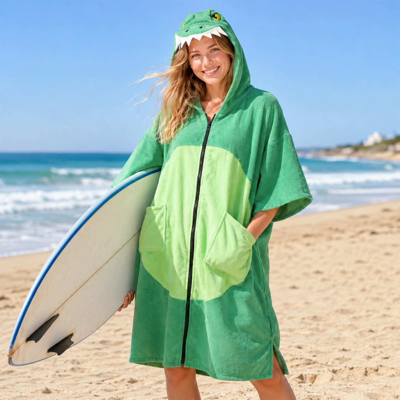Emwwat Surf-Poncho mit Reißverschluss, übergroß, mit Kapuze, Strandtuch, schnell trocknend, Mikrofaser-Handtuch, Poncho für Strand, Surfen, Schwimmen (grüner Dinosaurier)