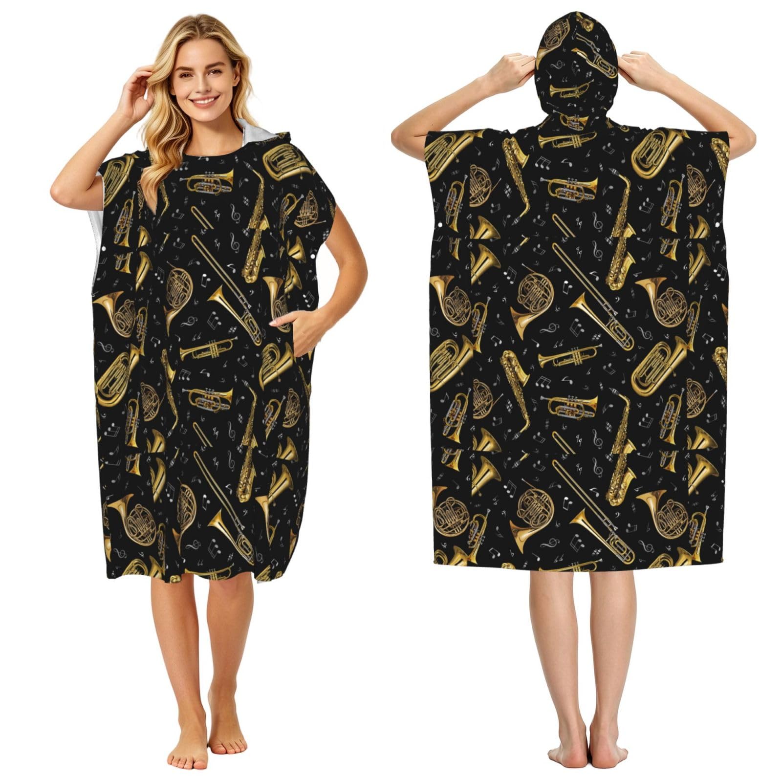 Poadnly Trumpet Musical Notes, Adult Hooded Beach Towel 90 x 110 cm,Changing Bath Robe, Surf Poncho Towel For Women Men