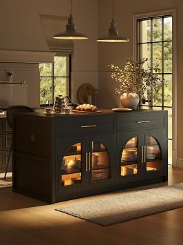 homary 71" Kitchen Island with LED Light Strip,Glass Doors, Modern Black Large Stationary Storage Islands with Adjustable Shelves and Drawers,Seats to 4 for Dining Room