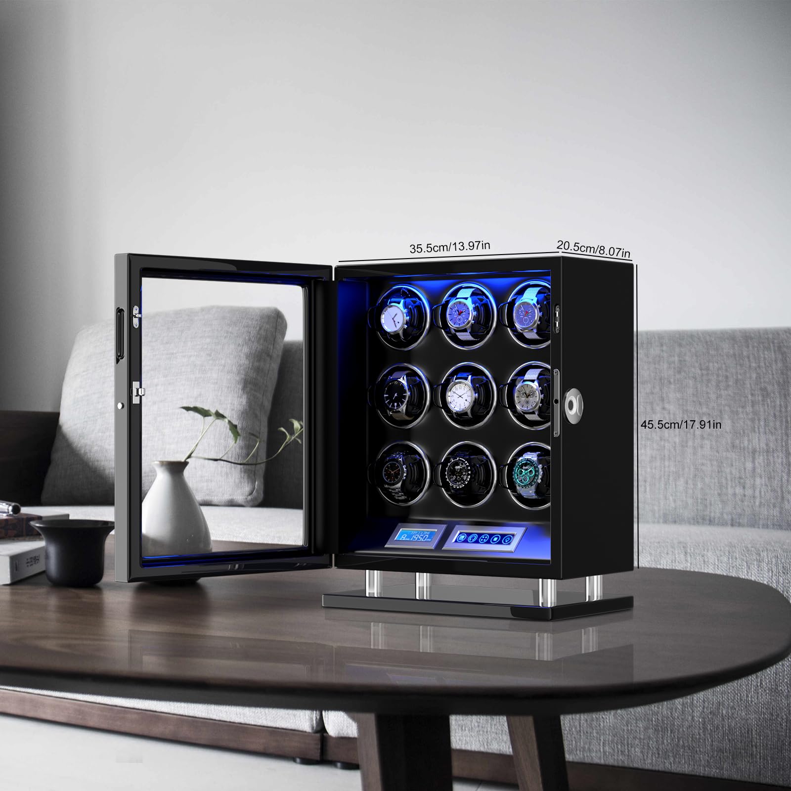 XTELARY Remontoir automatique pour montre 3/4/6/8//9/12 avec écran tactile LCD, télécommande, LED bleue, moteur silencieux et coussin de montre réglable pour homme et femme